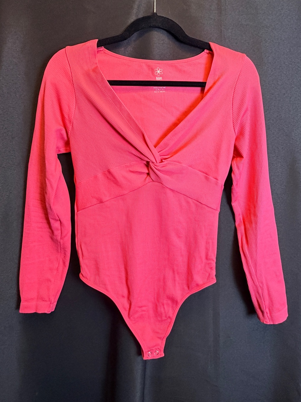 Coral Pink Ribbed Twist Front Long Sleeve Bodysuit - Hot Pink  XXL